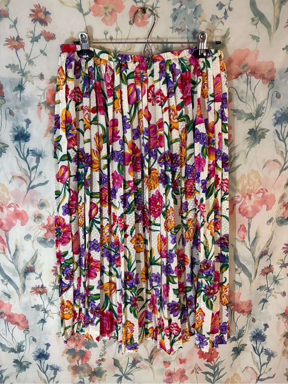 Vintage Pleated Floral Midi Skirt - White with Pink, Purple & Yellow Flowers